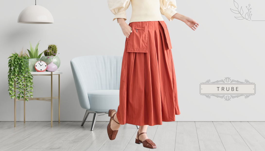TRUBE【2025新作】【M〜L】タックワイドスカート風ガウチョパンツ テラコッタ