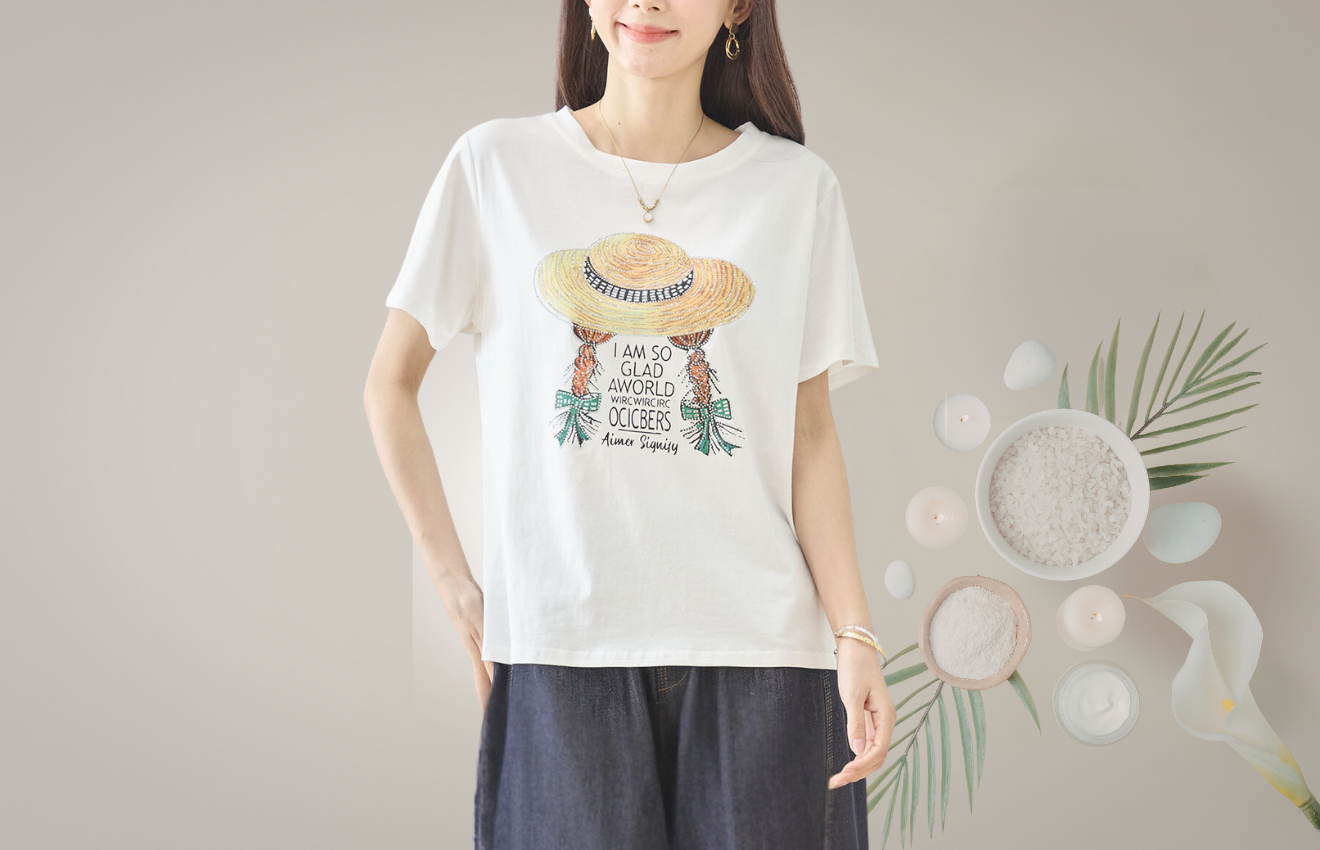 TRUBE ストローハットガールプリントTシャツ【M~L】ホワイト