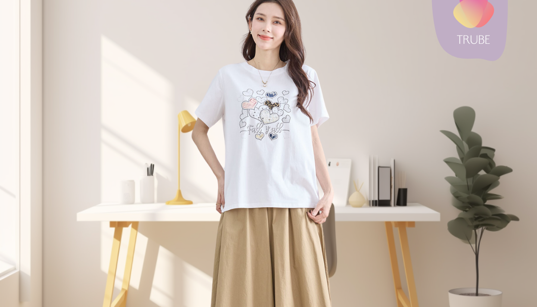 TRUBE【2025新作】【M〜L】ラインストーンハートグラフィックTシャツ ホワイト