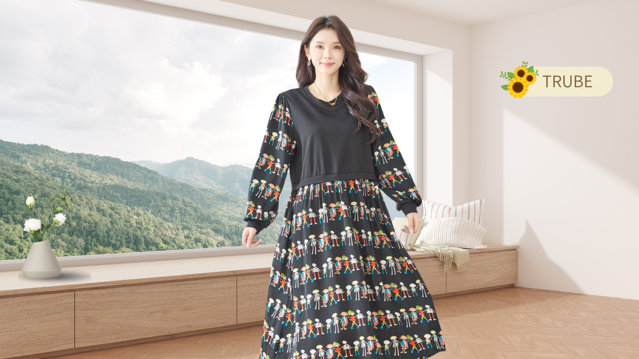 TRUBE【2025新作】【M〜L】レイヤード風フィギュア柄切替ワンピース