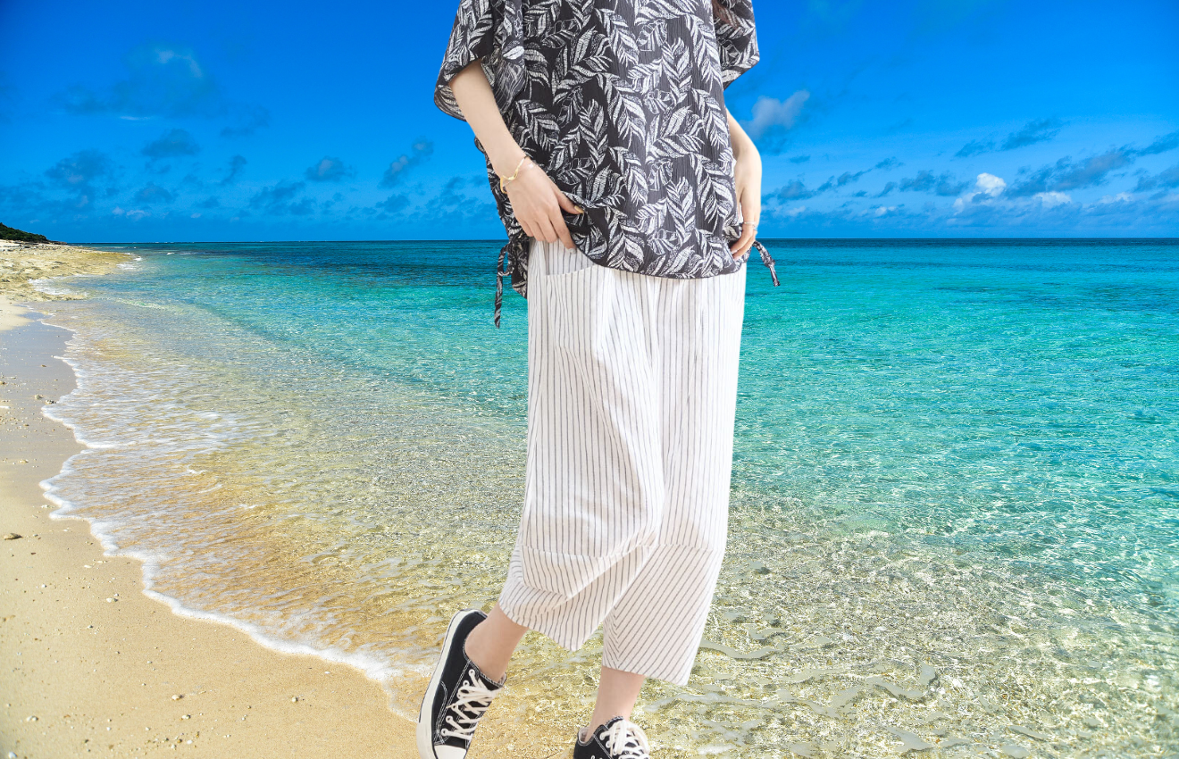 TRUBE リラックスストライプワイドパンツ【M~L】ホワイト