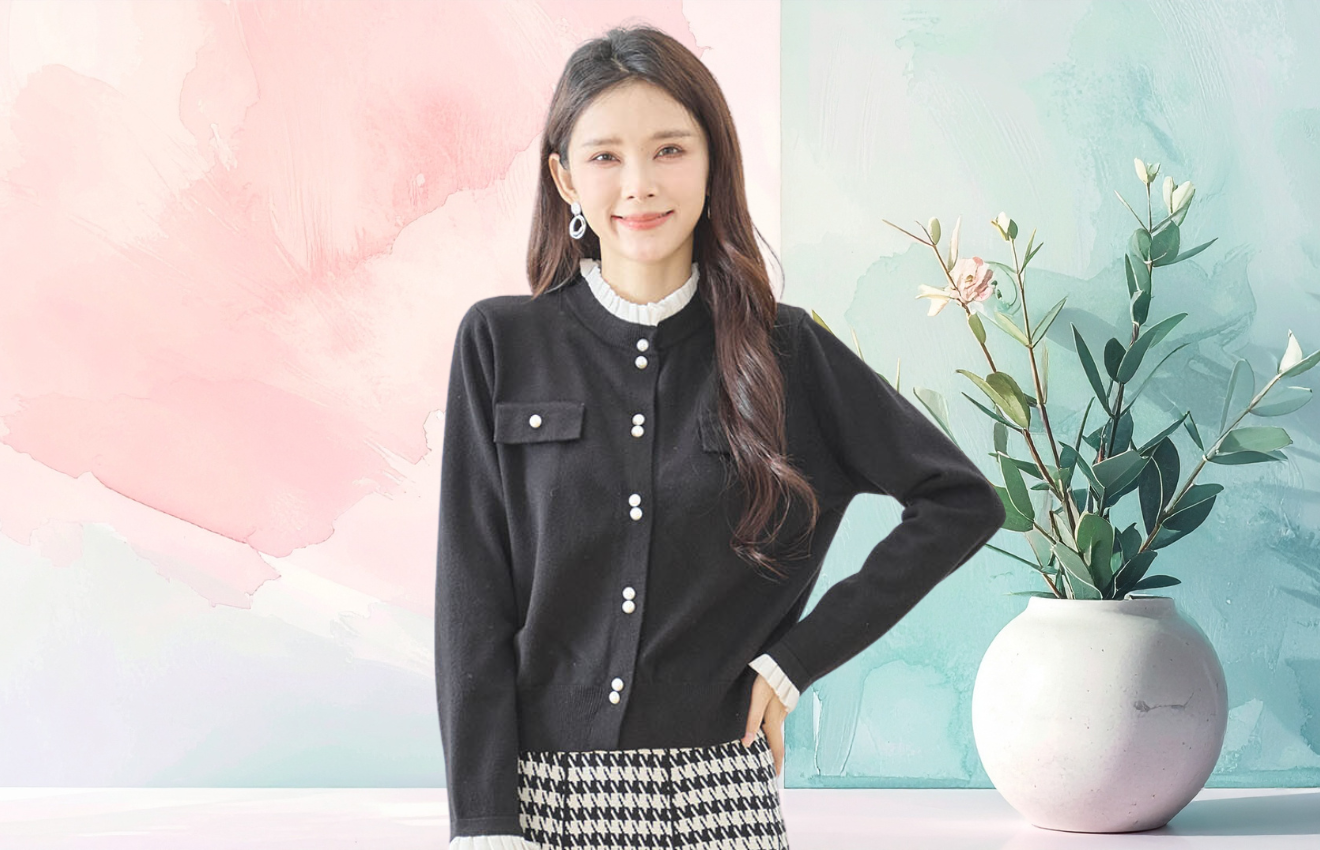 フリルネック袖口・パール釦ニットカーディガン「M~L」ブラック