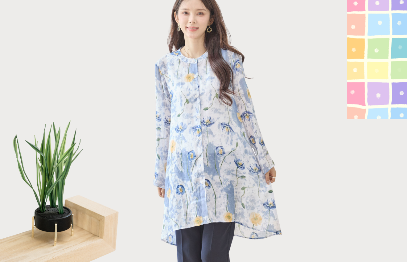 TRUBE 水彩フラワー総柄ロングシャツ【M~L】ブルー