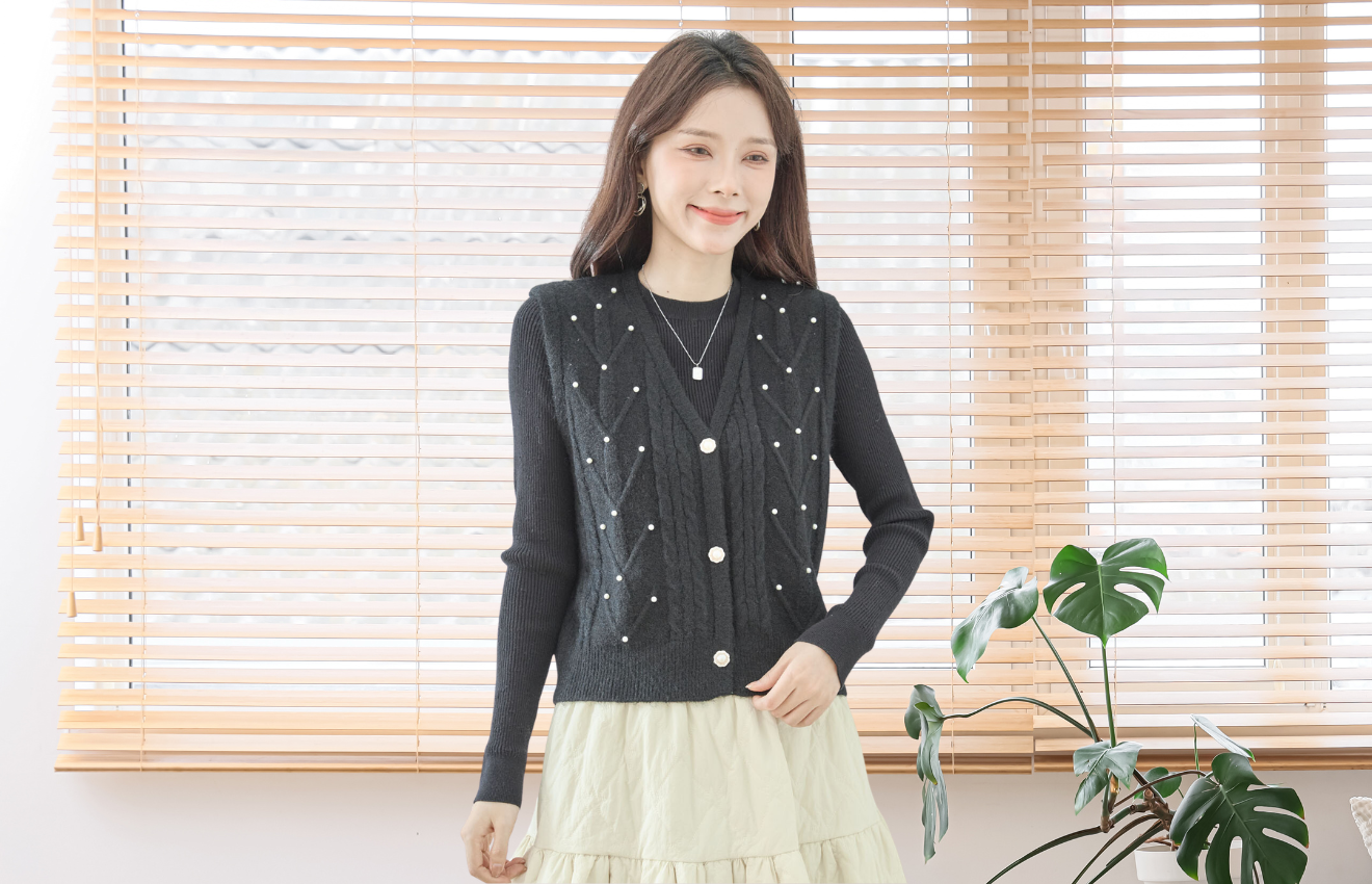 amie studio パールケーブルニットベスト【M~L】ブラック
