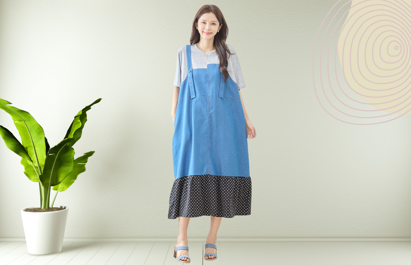 TRUBE デニム×ドット裾異素材切替サロペット風ドッキングワンピース【M~L】グレー