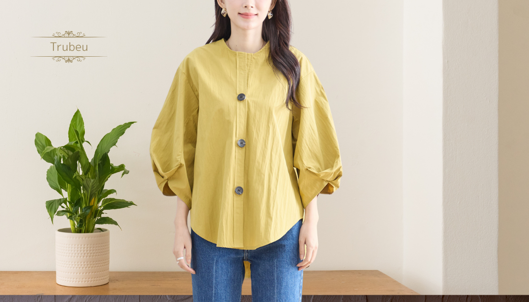 TRUBE【2025新作】【M〜L】ボリュームスリーブラウンドヘムコットンシャツ カラシ