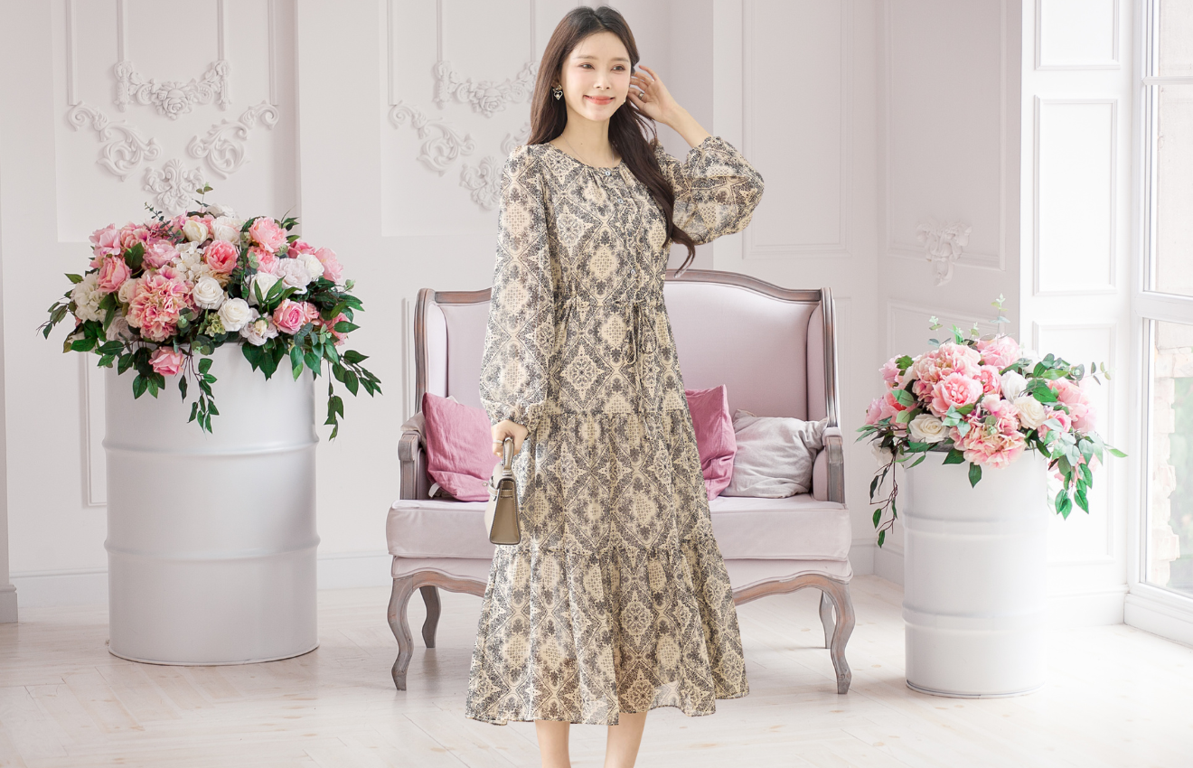 フラワーペイズリーダマスクプリント柄 ウエストドロストワンピース (M~L)　ベージュ