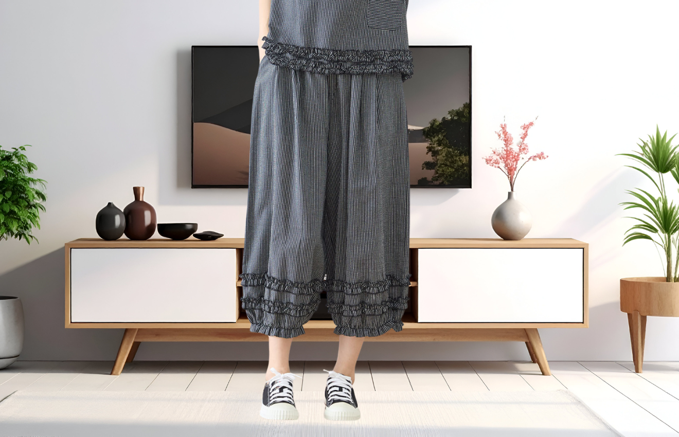 シャーリングフリルストライプバルーンパンツ (M~L)