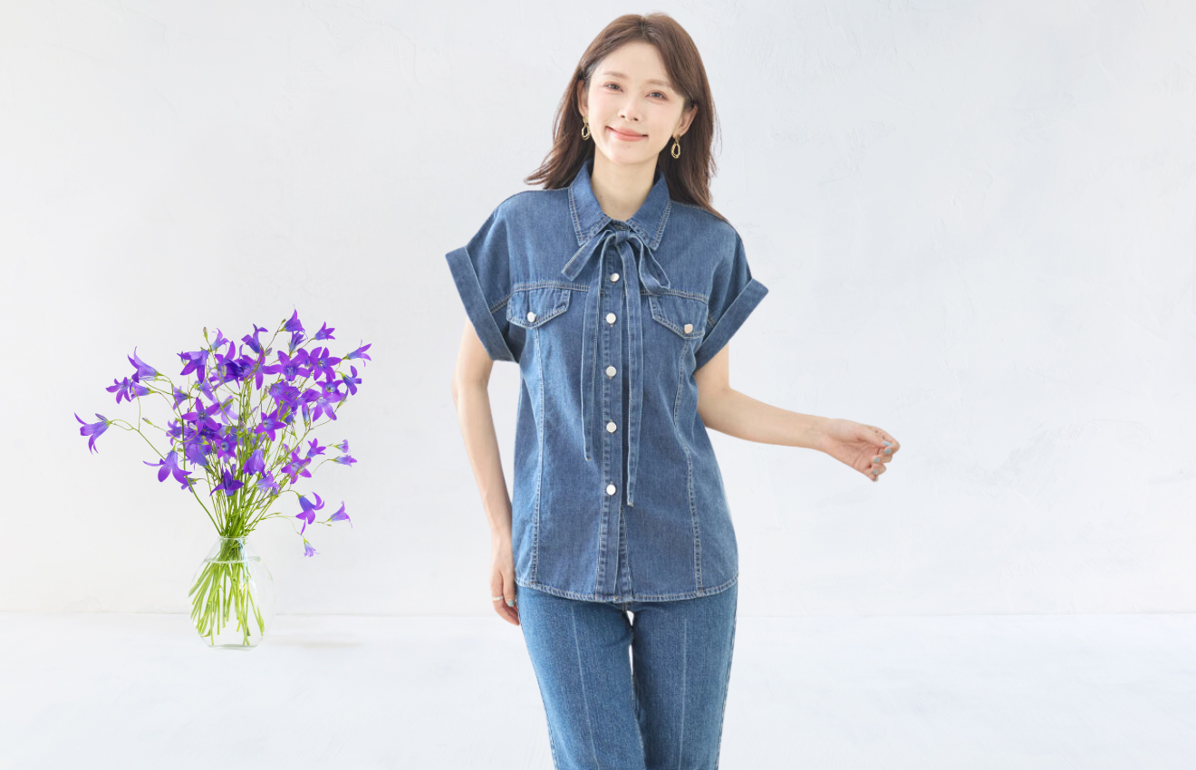 TRUBE フロントリボンフレンチスリーブデニムシャツ【M~L】デニムブルー