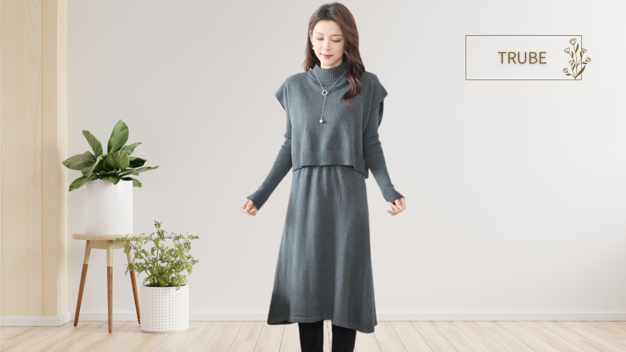 TRUBE【2025新作】【M〜L】【2点セット】ニットミディワンピース&ベストセットアップ