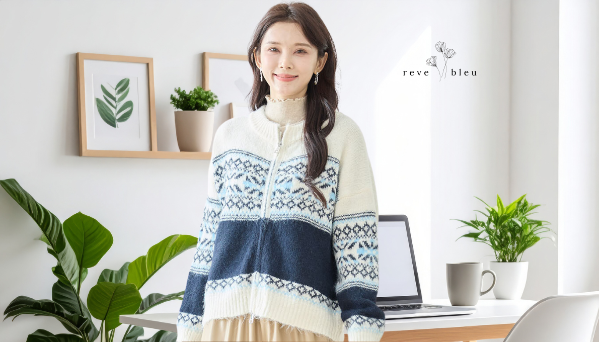 ノルディック柄 ジップアップ ニットカーディガン レディース(M~L対応) アイボリー