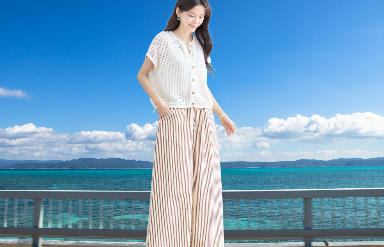 TRUBE リラックスストライプワイドパンツ【M~L】モカ