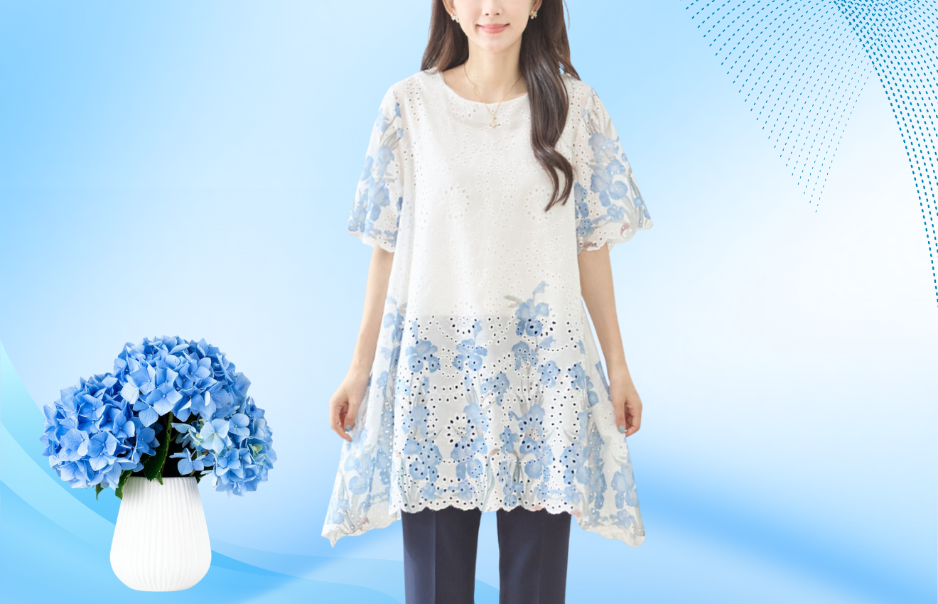 TRUBE 水彩フラワープリントカットワークスカラップ半袖トップス【M~L】ホワイト