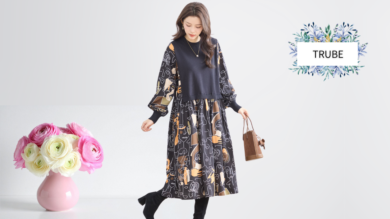 TRUBE【2025新作】【L〜LL】異素材ドッキングイラスト柄ワンピース