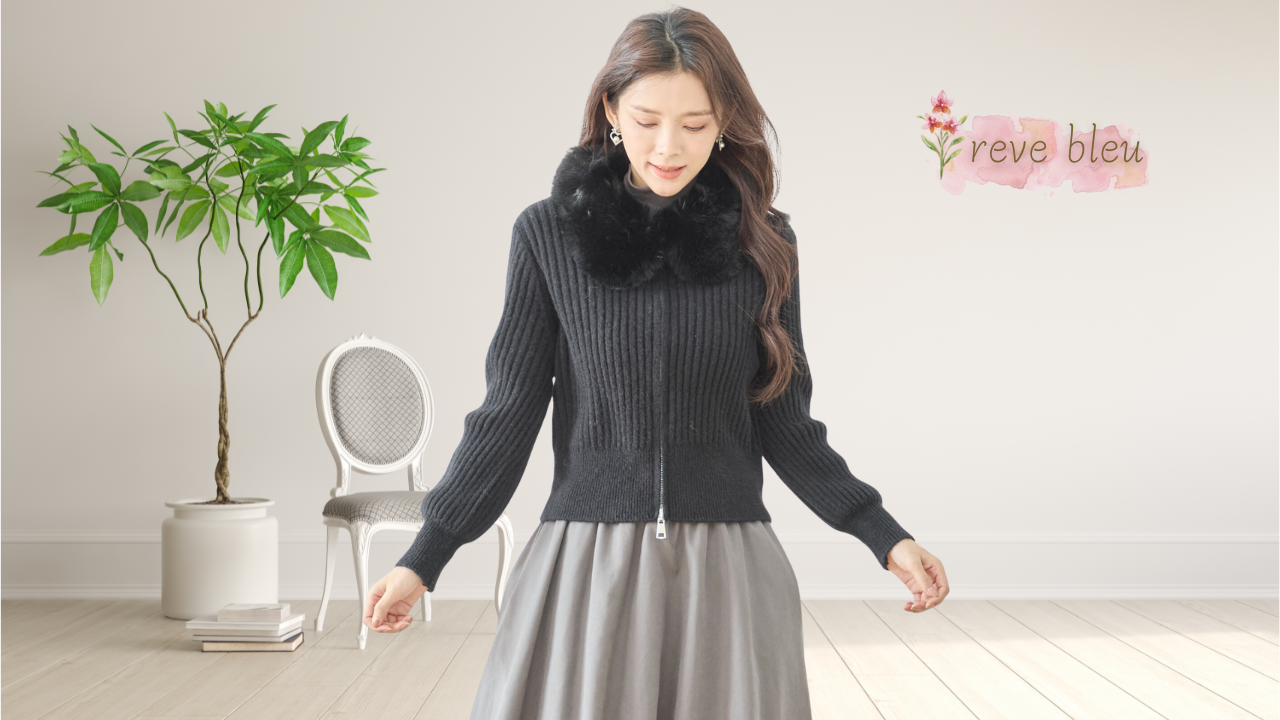 ジャケット ボア襟 リブニット ジップアップジャケット レディース M~L 2025 秋冬 ブラック