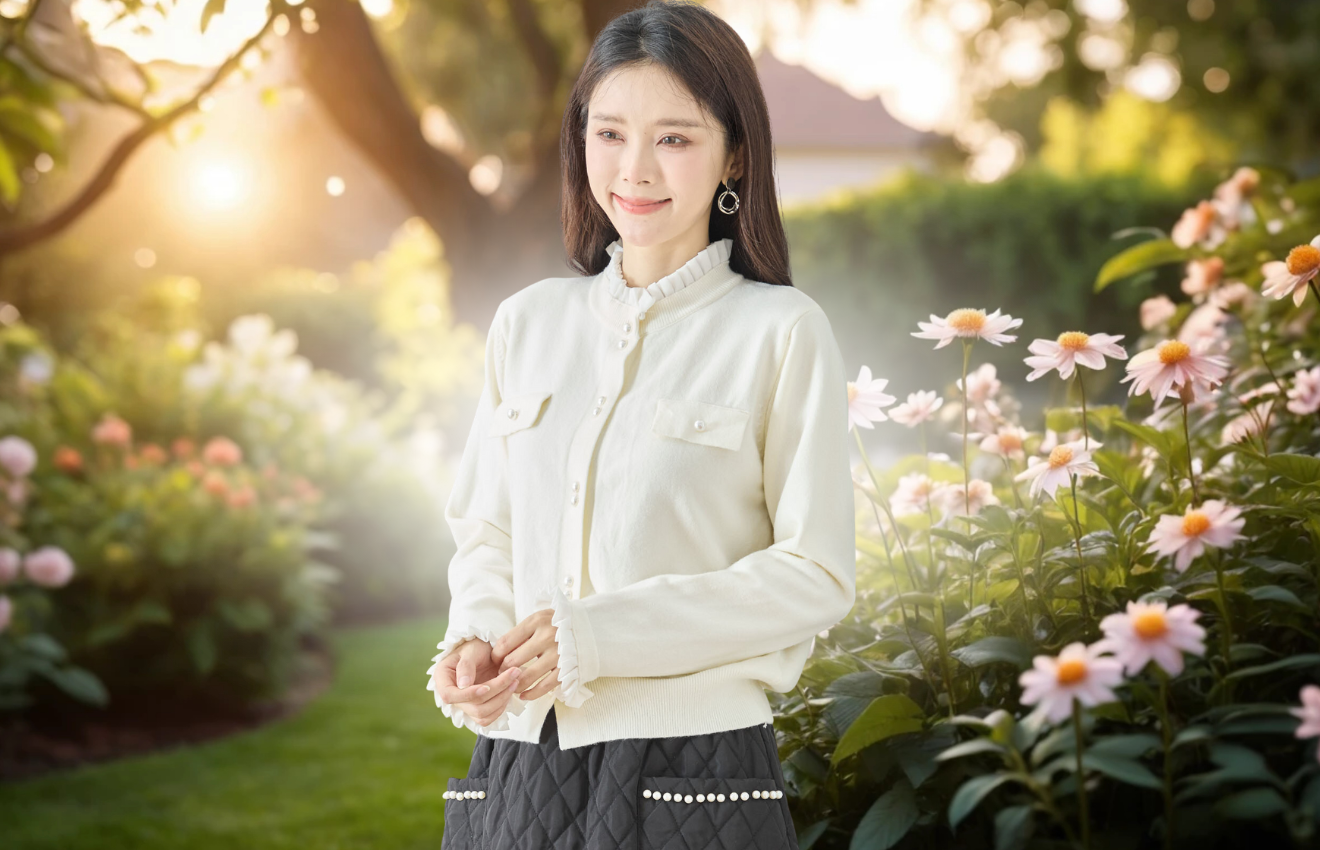 カーディガン　フリルネック袖口・パール釦ニットカーディガン「M~L」アイボリー