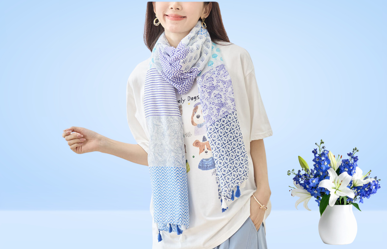 TRUBE プリントタッセル付きストール 179-07ブルー