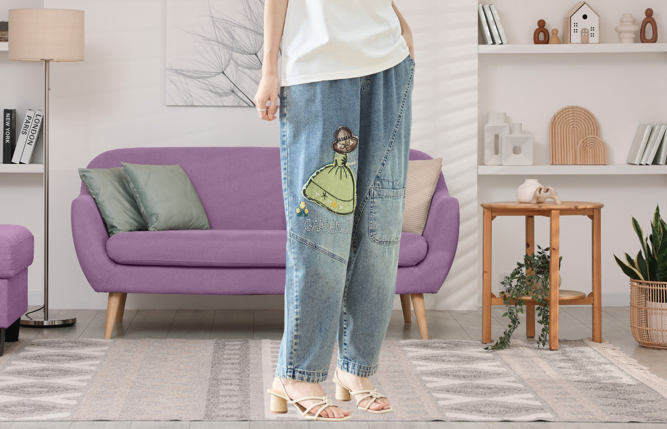 TRUBE ガールアップリケ切替デザインバレルテーパードデニムパンツ【M~L】デニムブルー