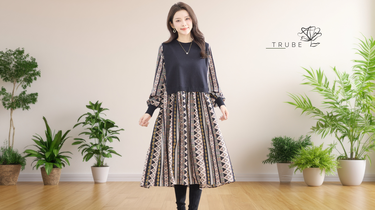 ワンピース 異素材ドッキング ジオメトリック柄ワンピース TRUBE【L〜LL】