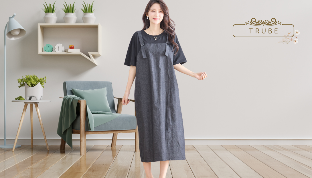 TRUBE【2025新作】【M〜L】ストラップデニムライクサロペットドッキングワンピース