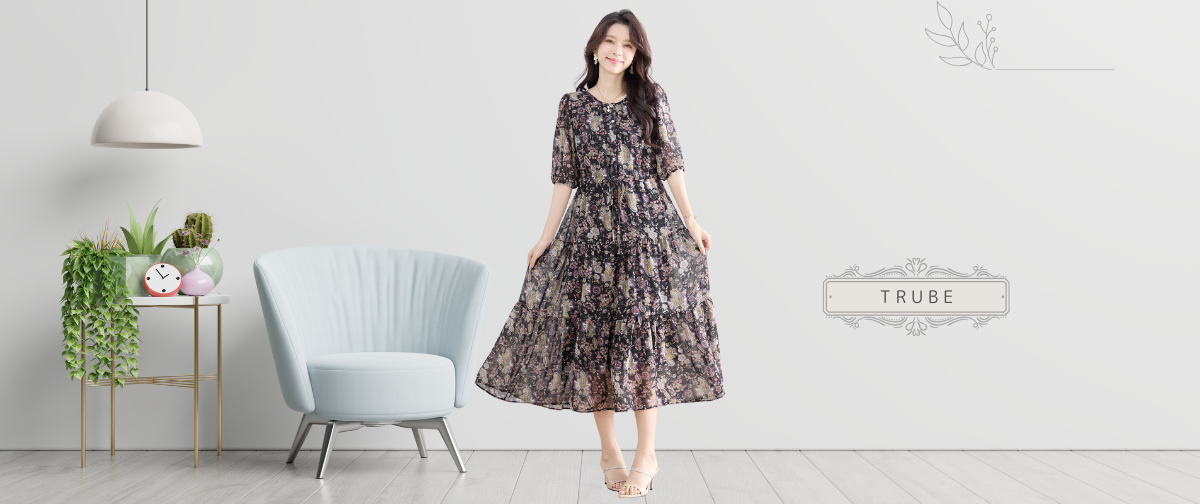 TRUBE【2025新作】【M〜L】シフォンペイズリープリントワンピース
