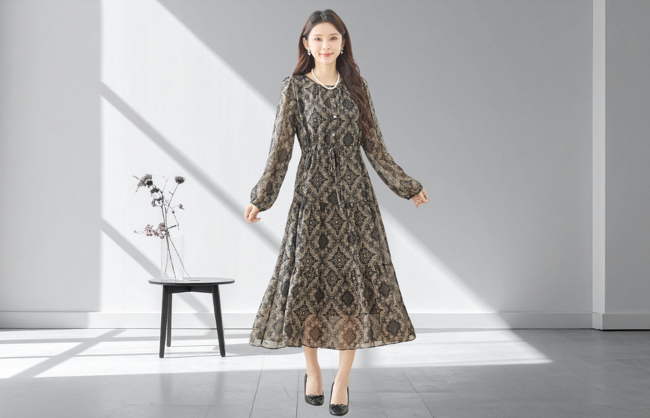 フラワーペイズリーダマスクプリント柄 ウエストドロストワンピース (M~L)　ブラック