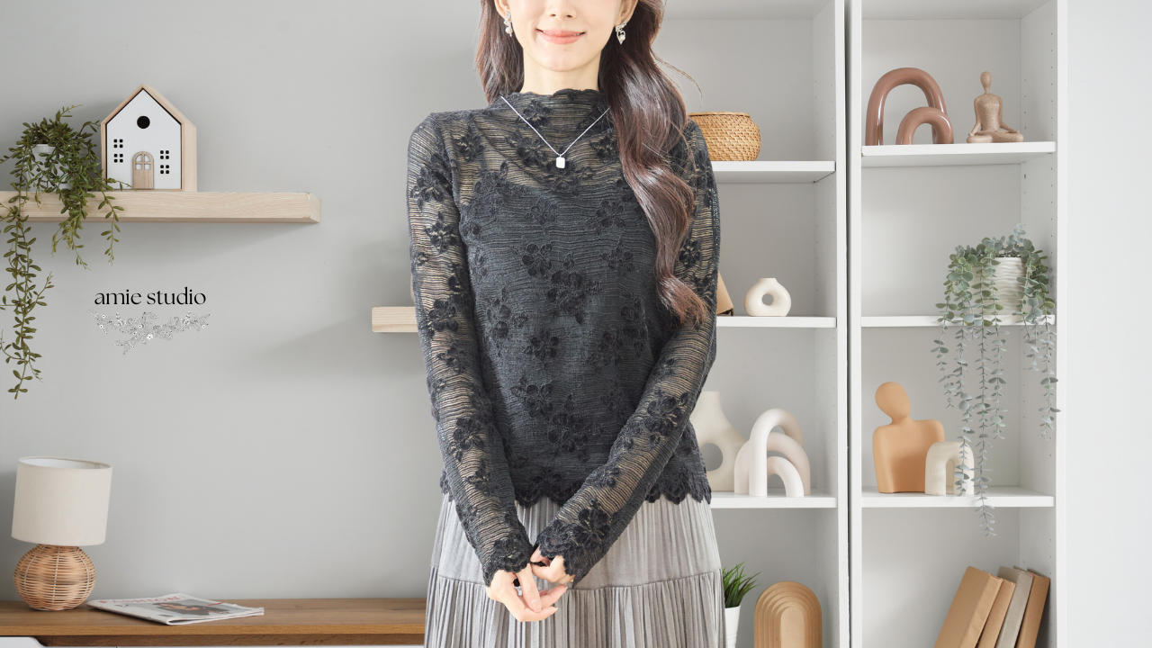 tシャツカットソー シースルー花柄レースモックネックカットソー ブラック【M~L】2025新作