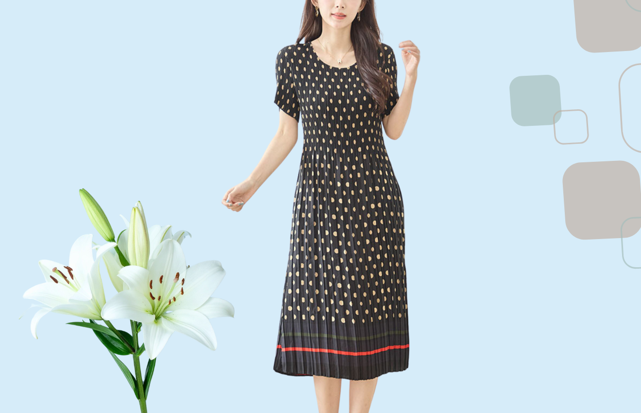 TRUBE ドット×裾ラインボーダー柄プリーツワンピース【M~L】ブラック
