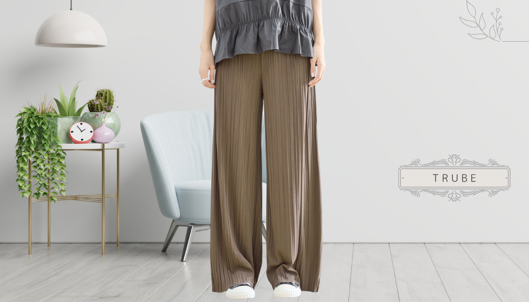TRUBE【2025新作】【M~L】【L〜LL】ランダムプリーツパンツ ブラウン