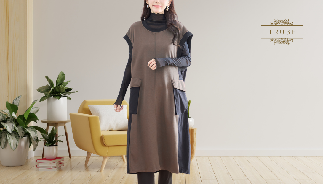 TRUBE【2025新作】【M〜L】コンビ異素材ロングワンピース