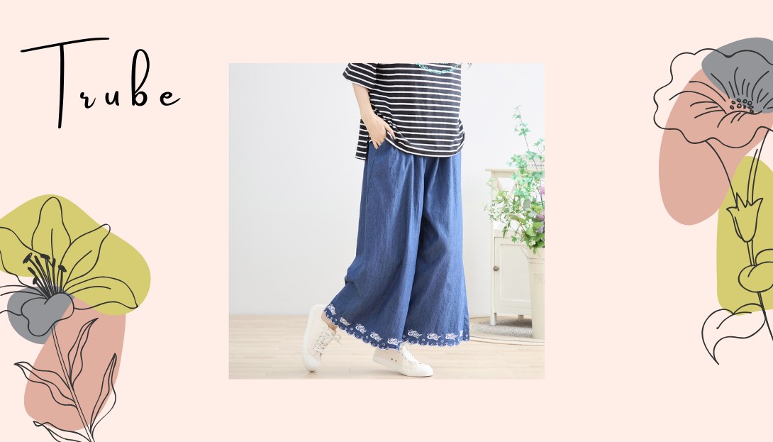 TRUBE【2025新作】【M〜L】裾刺繍スカラップデニムワイドパンツ
