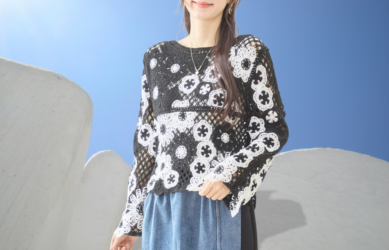 TRUBE バイカラーモチーフレースプルオーバー【M~L】ブラック