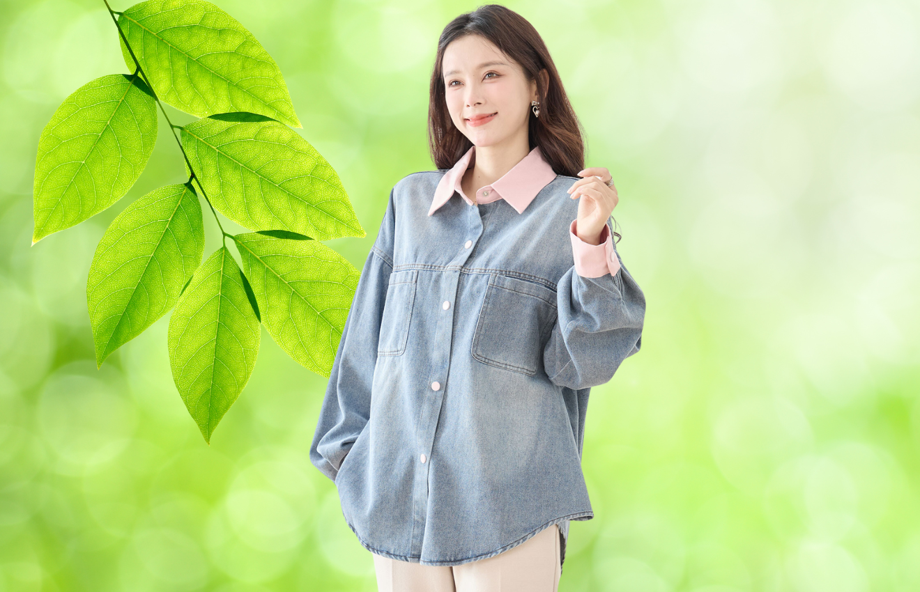 デニムシャツ　TRUBE 配色アクセント長袖デニムシャツ(M~L)　ピンク