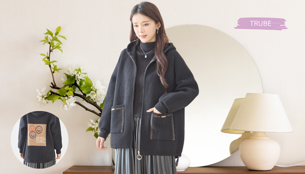 ニットブルゾン スマイルパッチ フーデッドニット ブルゾン【M~L】ブラック 春秋冬