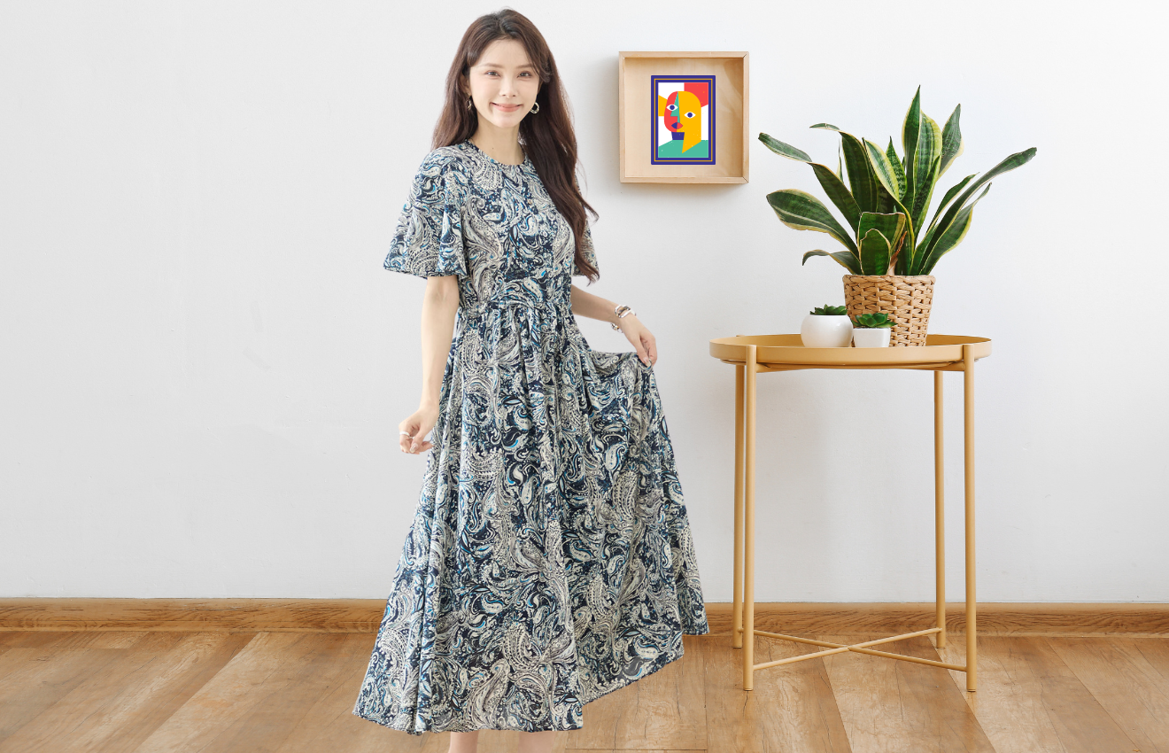 TRUBE ペイズリープリントロングワンピース【M~L】ネイビー