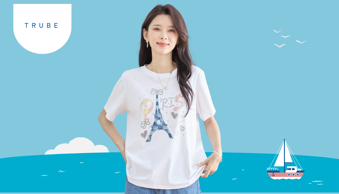 TRUBE【2025新作】【M〜L】デニム調エッフェル塔モチーフプリントTシャツ