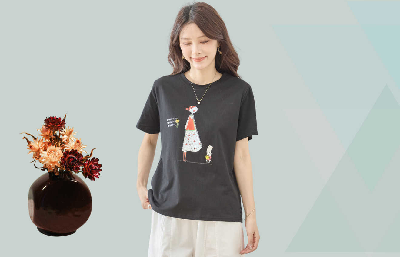 TRUBE 可愛いペットと仲良しガールイラストTシャツ【M~L】ブラック