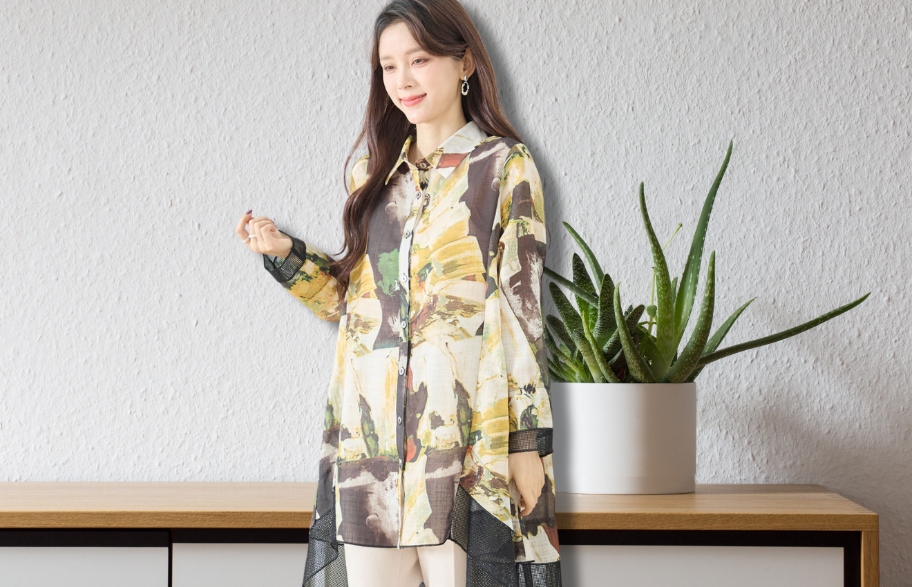 アートプリントメッシュ切替シャツ (M~L)