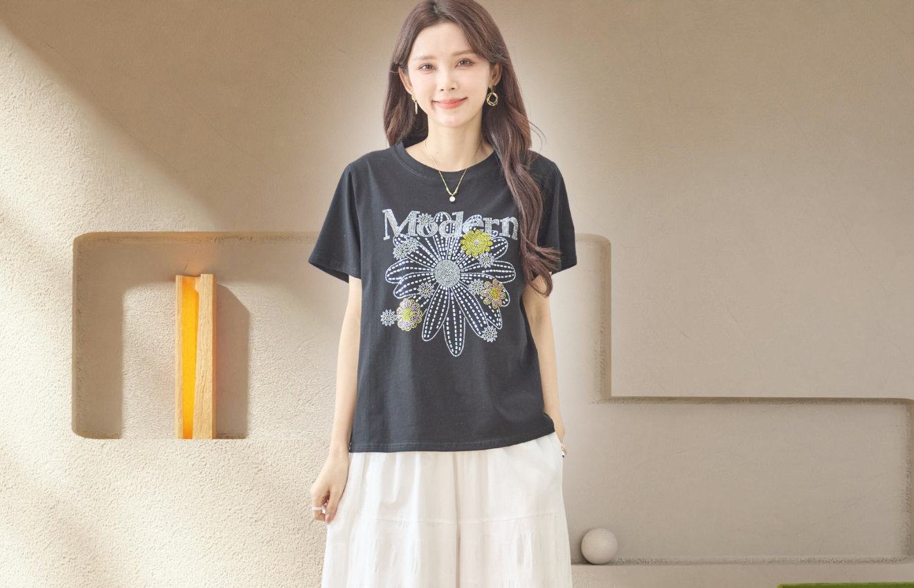 TRUBE フラワーモチーフプリントTシャツN12-1097【M~L】ブラック