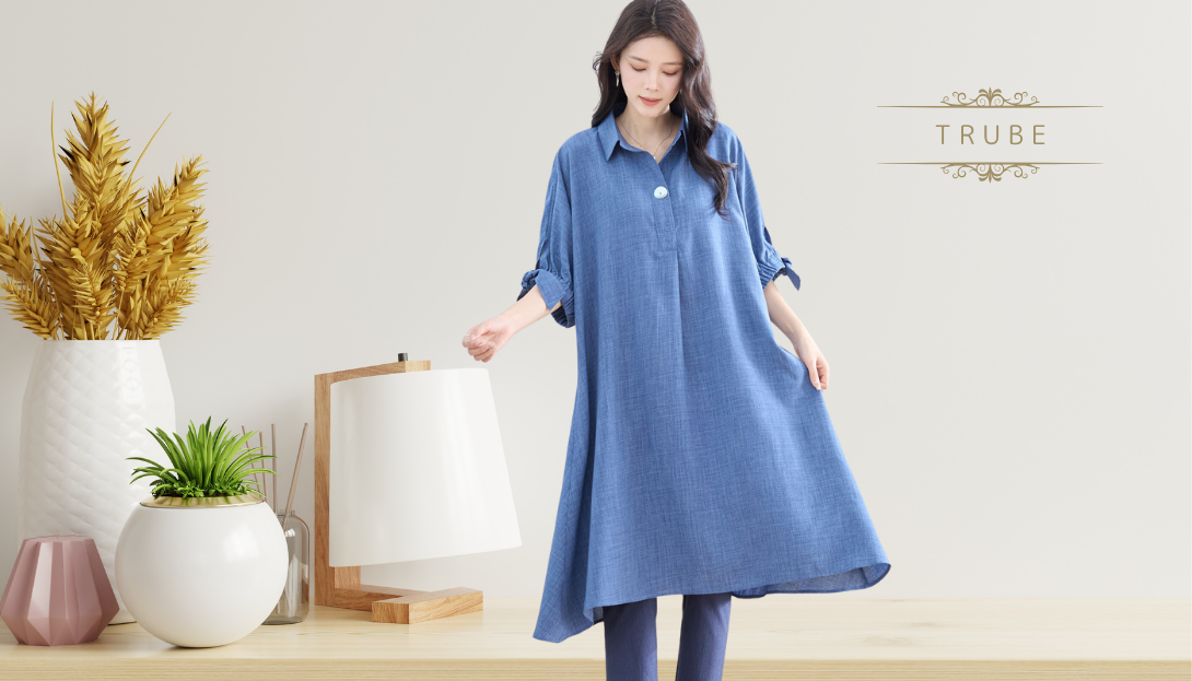TRUBE【2025新作】【M〜L】1つボタンスキッパーチュニックワンピース ブルー