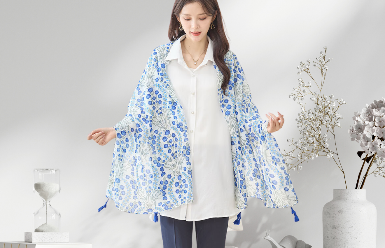 TRUBE プリントタッセル付きストール 158-07ブルー