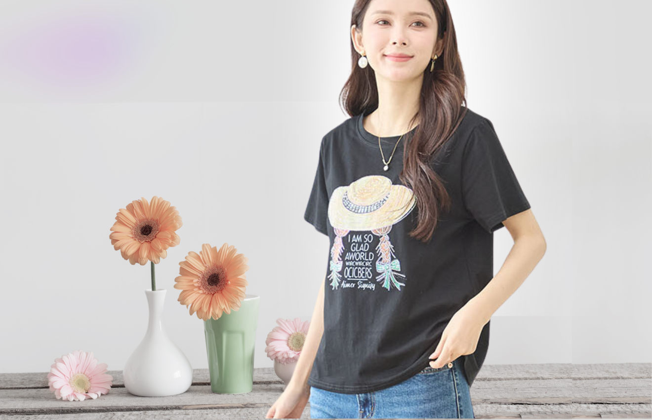 TRUBE ストローハットガールプリントTシャツ【M~L】ブラック