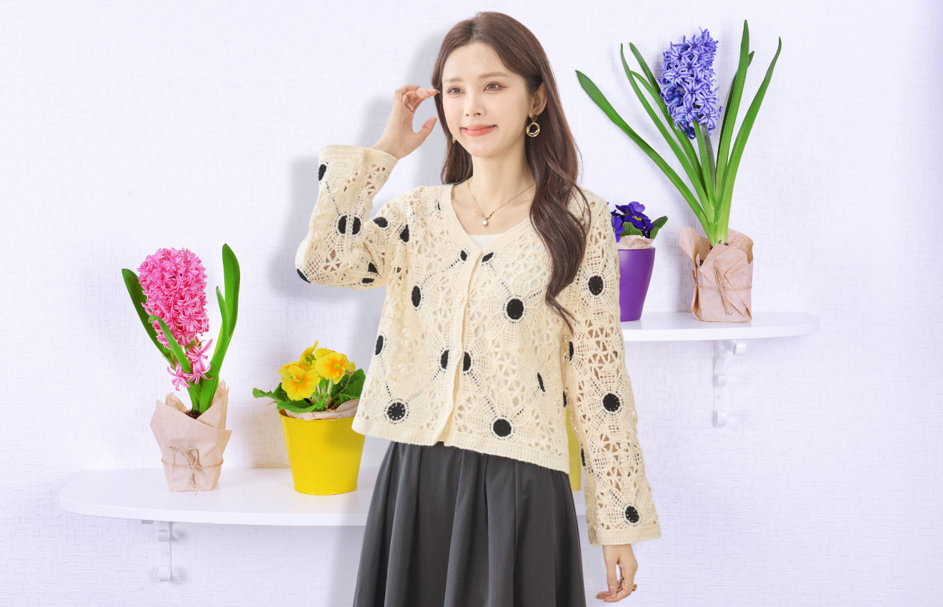 amie studio レトロレースニットカーディガン【M~L】ベージュ