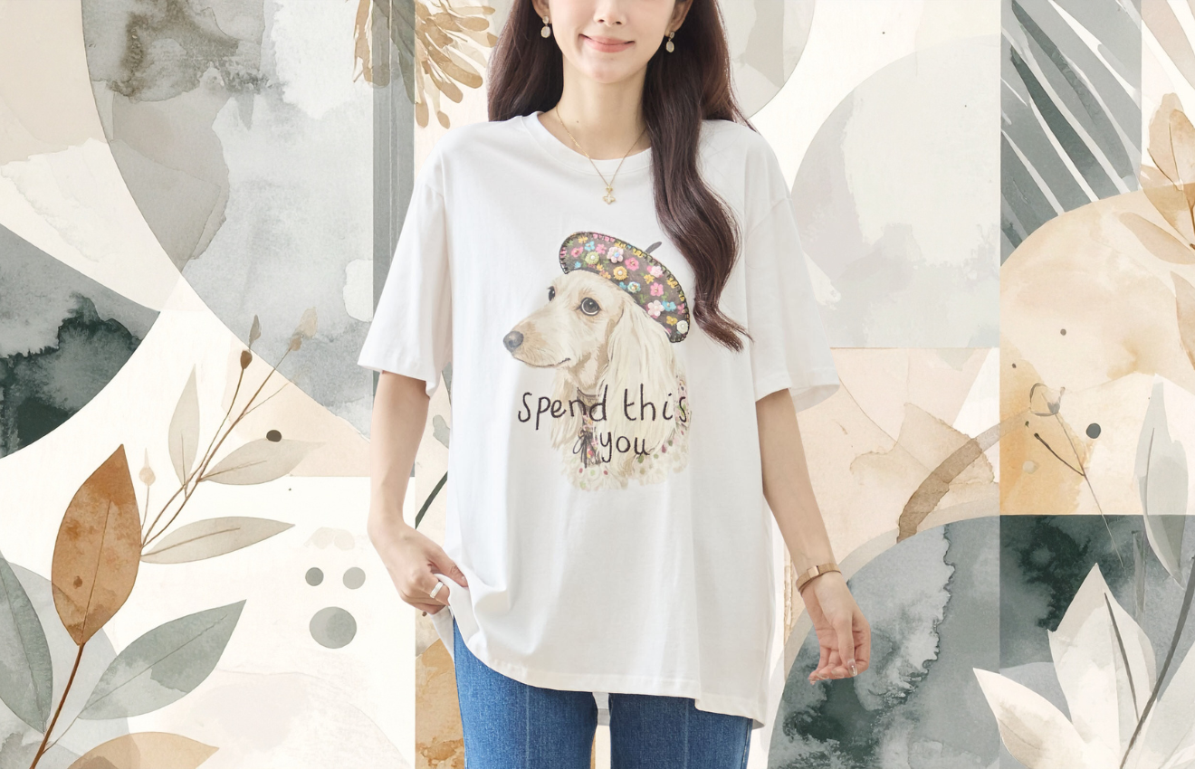 reve bleu フラワーベレー帽犬プリントTシャツ【M~L】ホワイト