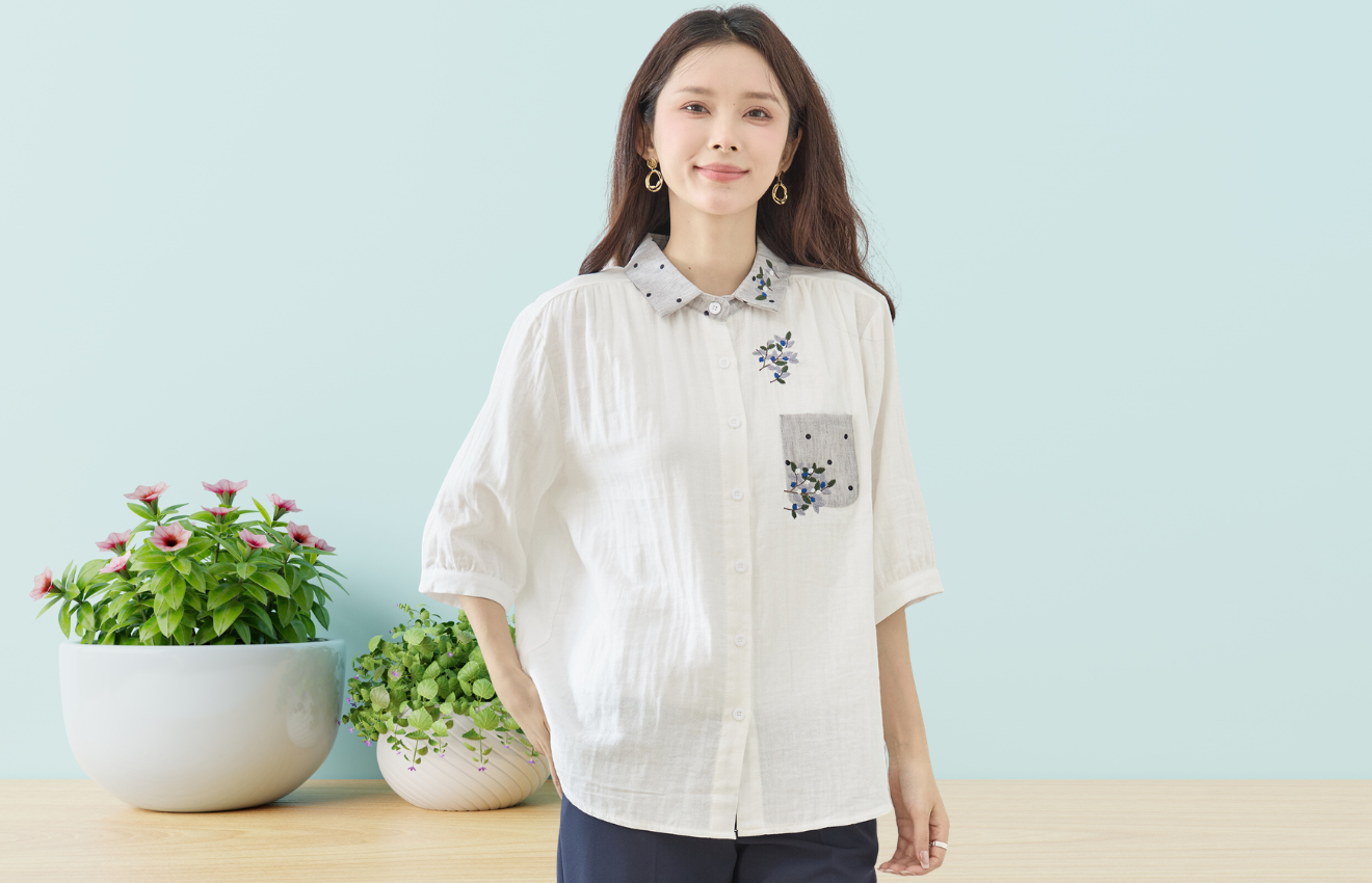 TRUBE ポイント刺繍襟ポケット配色デザインシャツ 【M~L】ホワイト