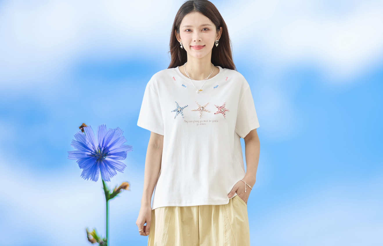 TRUBE ビジュパールデコレーションヒトデ3連プリント半袖Tシャツ【M~L】ホワイト