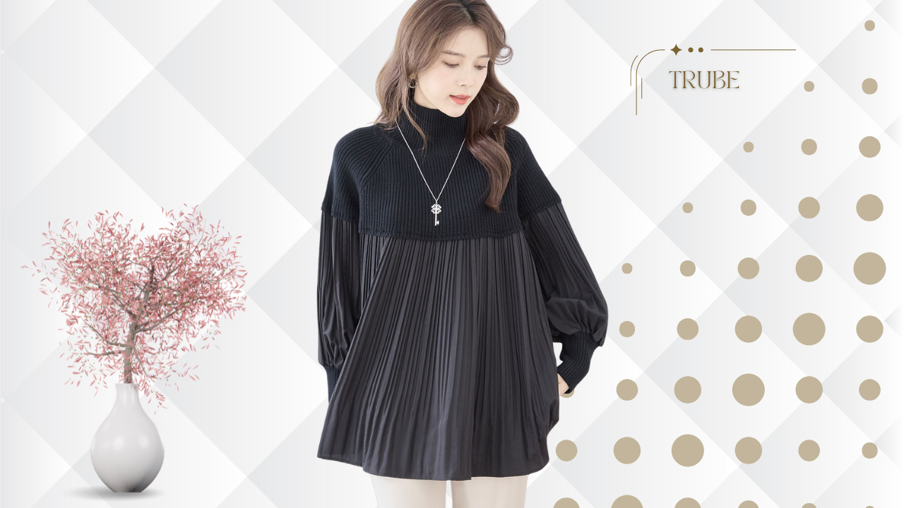 TRUBE【2025新作】【M〜L】異素材切替ハイネックニットプリーツブラウス
