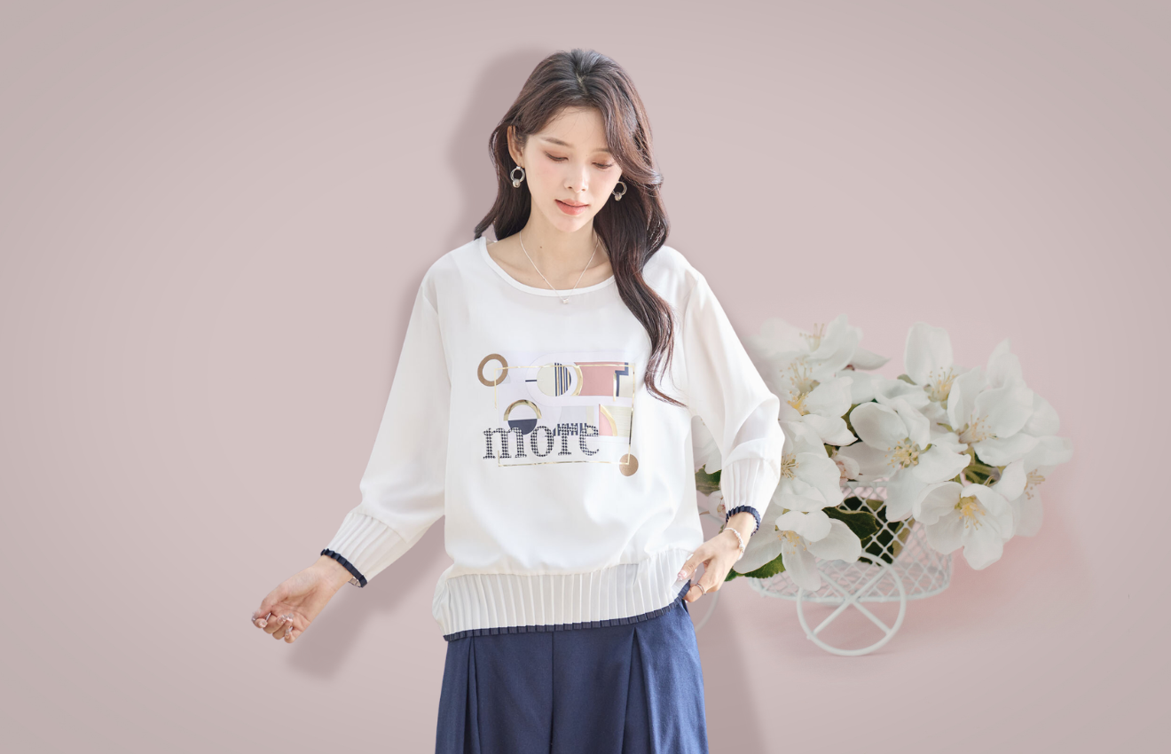 TRUBE 幾何学プリント＆プリーツ袖トップス【M~L】ホワイト