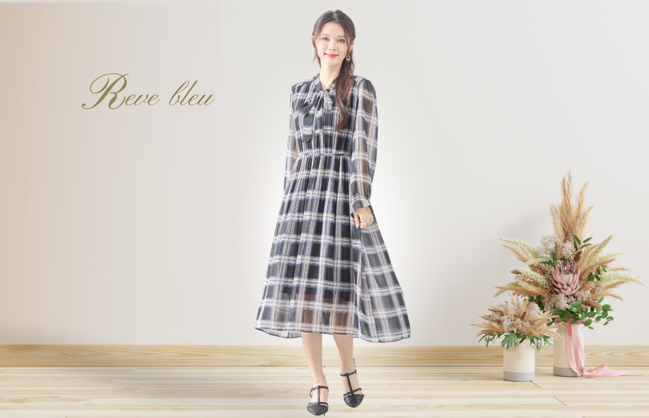 reve bleu シフォンボウタイチェック柄ワンピース【M~L】ブラック