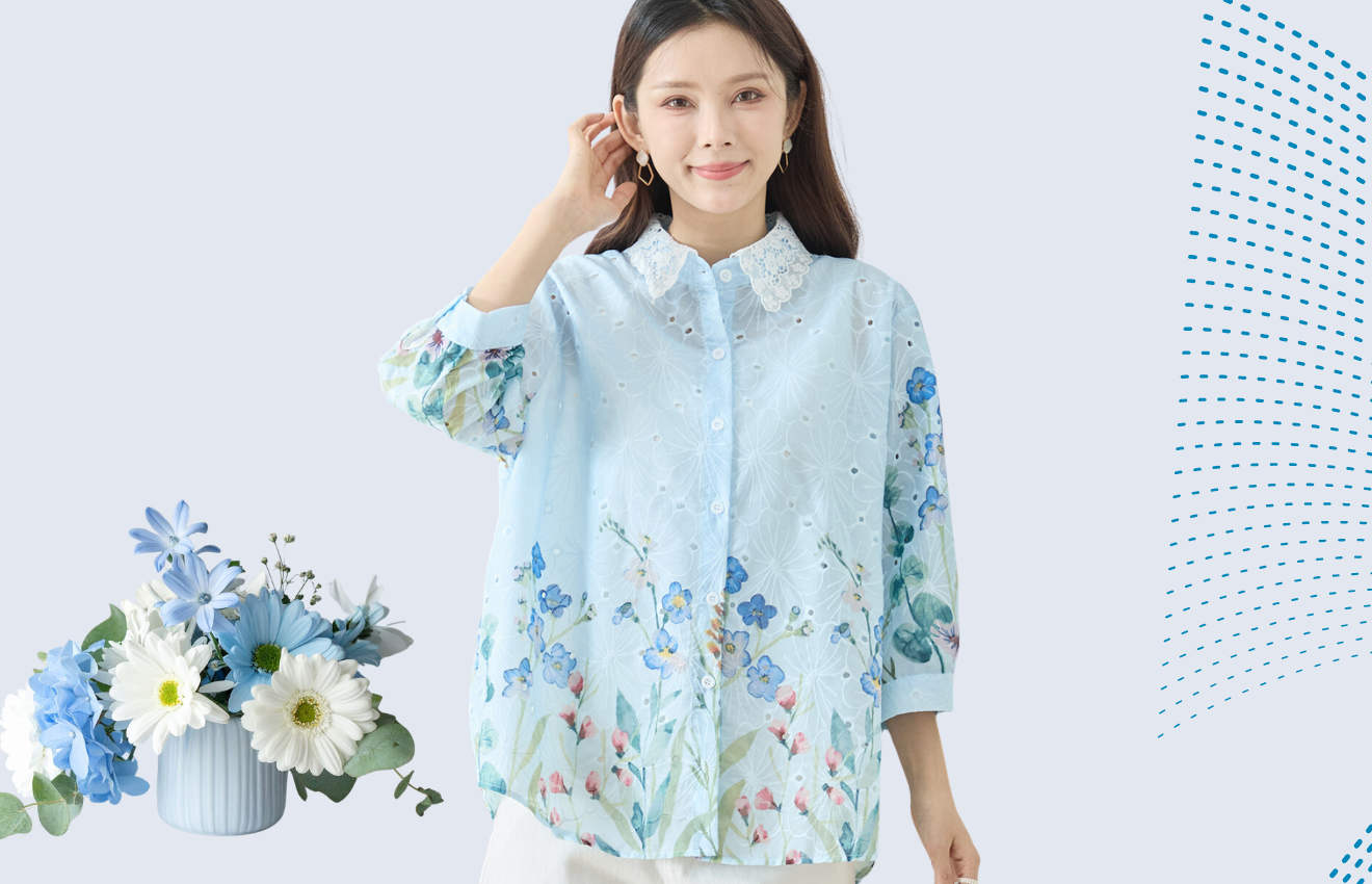 TRUBE 水彩フラワープリント7分袖コットンレースブラウス【M~L】ブルー